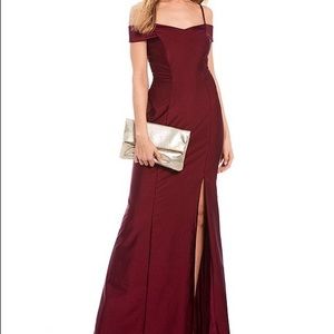 Long Formal Off Shoulder Dress in Wine Color